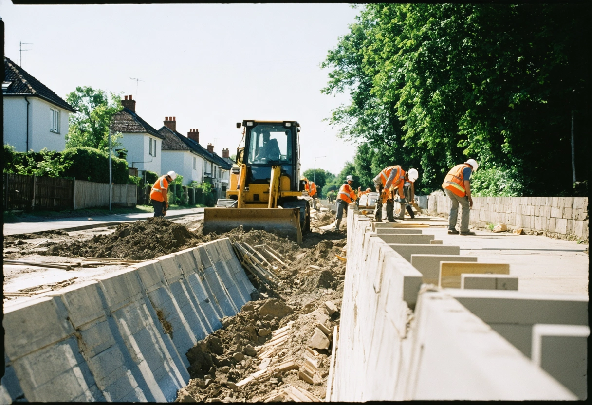 Construction workers installing flood barrier, suburban area, machinery, houses visible.