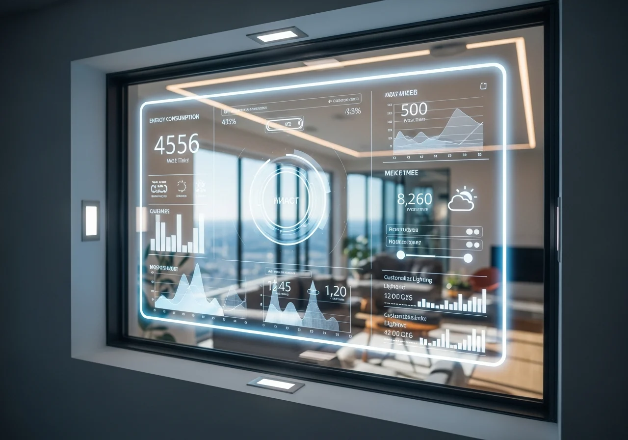 Futuristic impact window with smart technology, digital energy stats displayed.