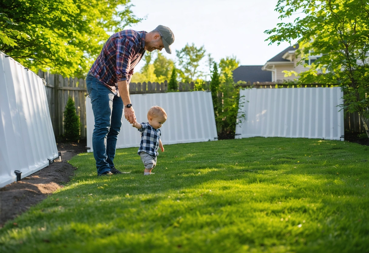 Homeowners inspecting backyard flood barrier, smiling, sunny day, green lawn.