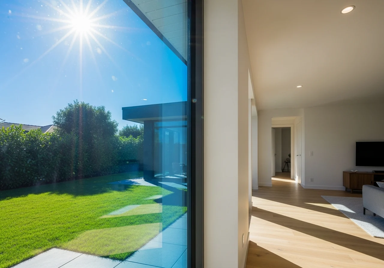 Impact window showing temperature difference, sunlight outside, cool interior.