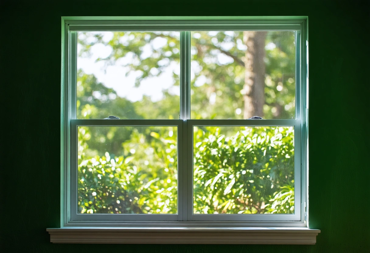 Impact window in Florida home, lush greenery outside, sunny day.