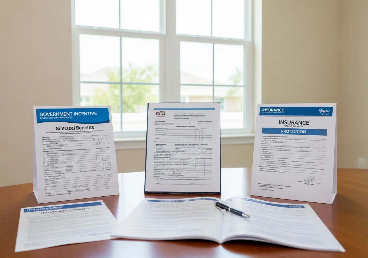 Impact window, government incentive and insurance documents on table, bright room.