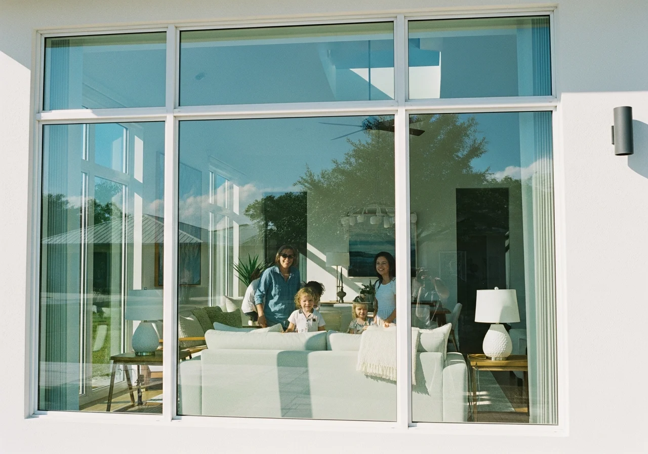 Modern home with impact windows, sunny day, happy family inside.