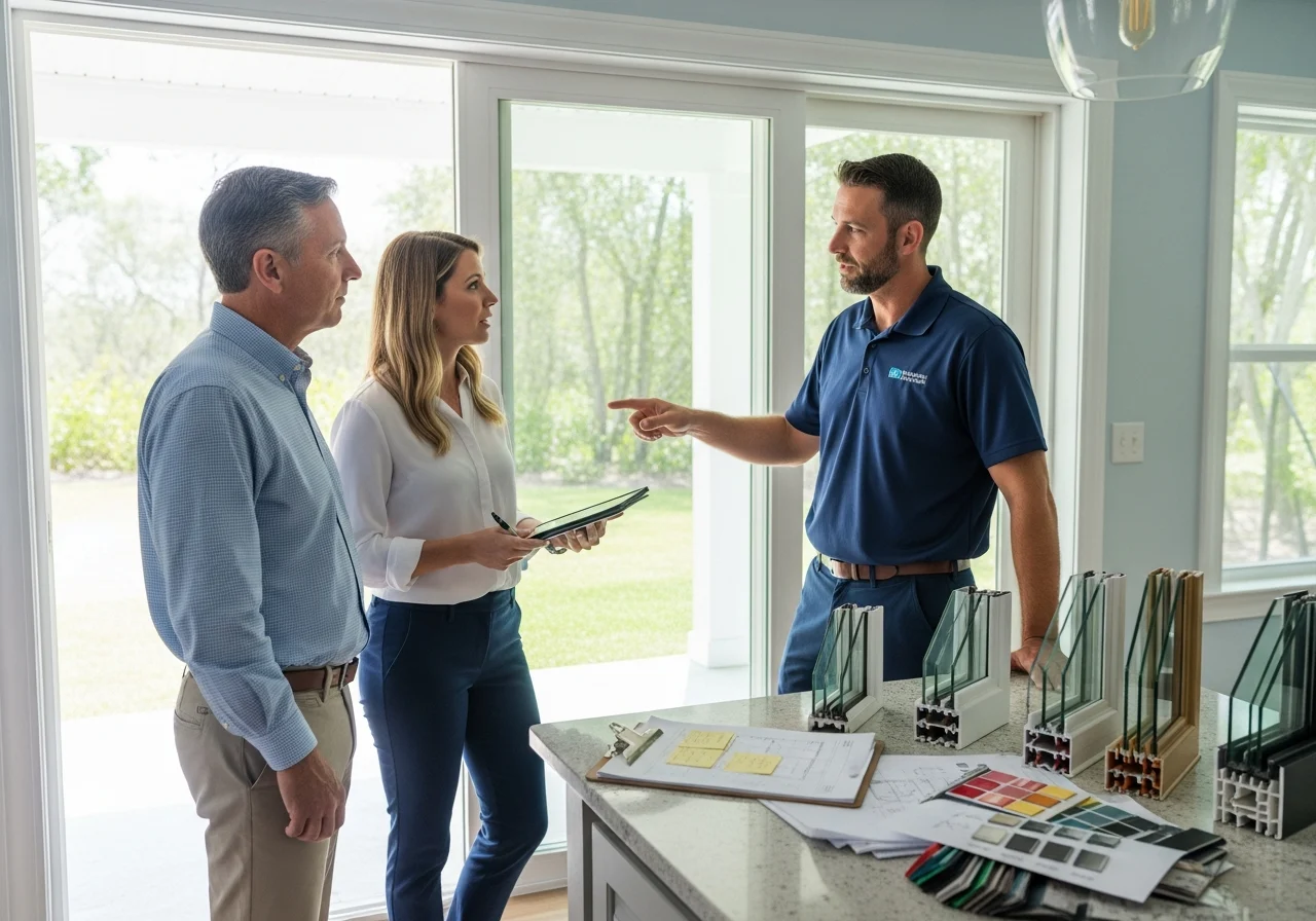 Team discussing sliding glass door options in bright Florida home