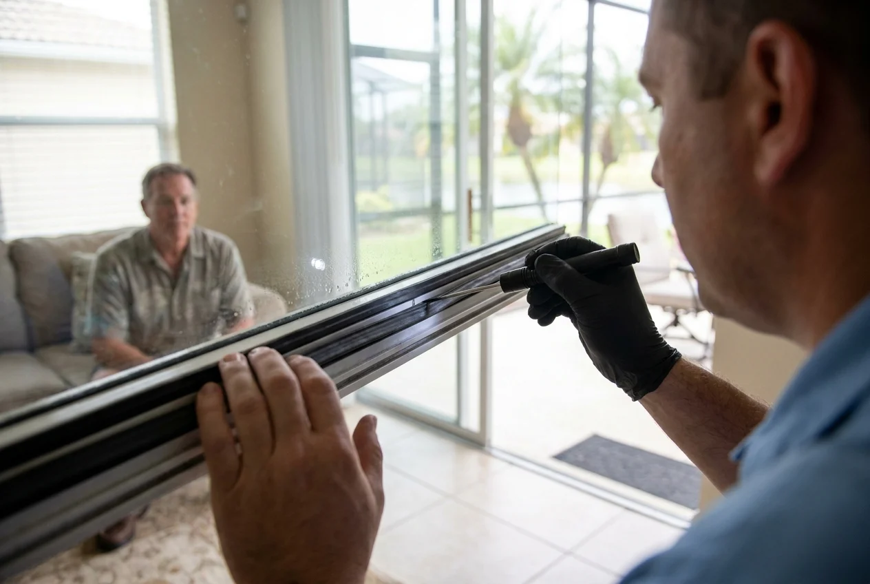 Technician inspecting sliding glass door seals with homeowner nearby in Florida home