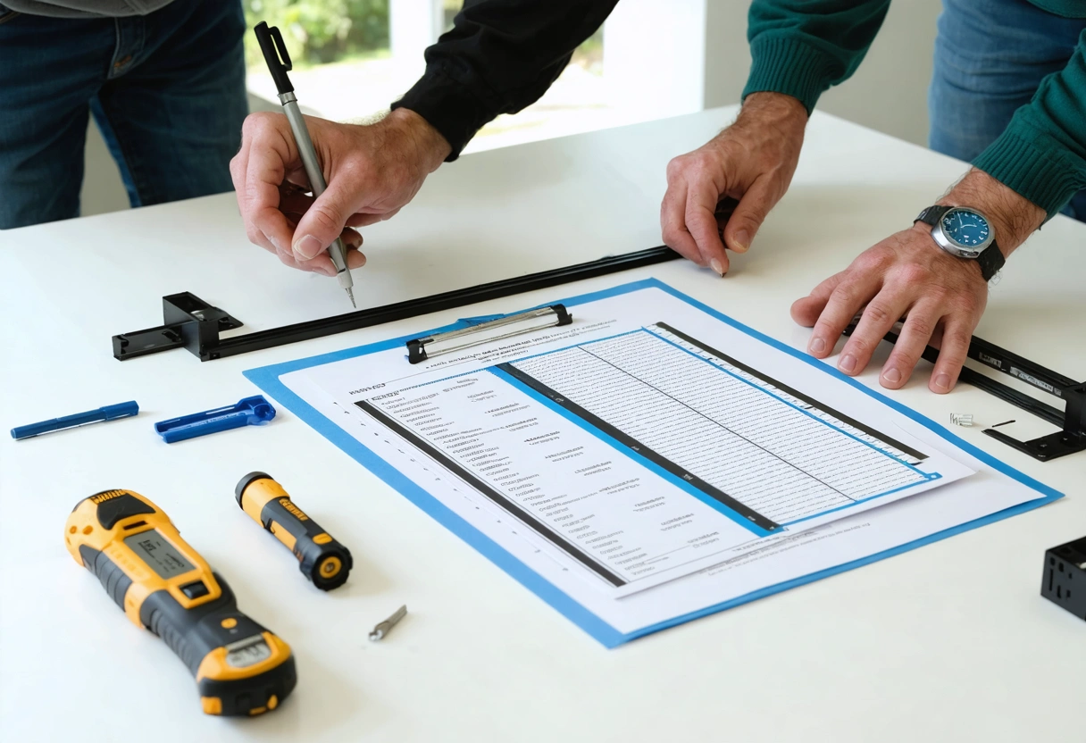 Technician and homeowner reviewing door seals and inspection checklist on table