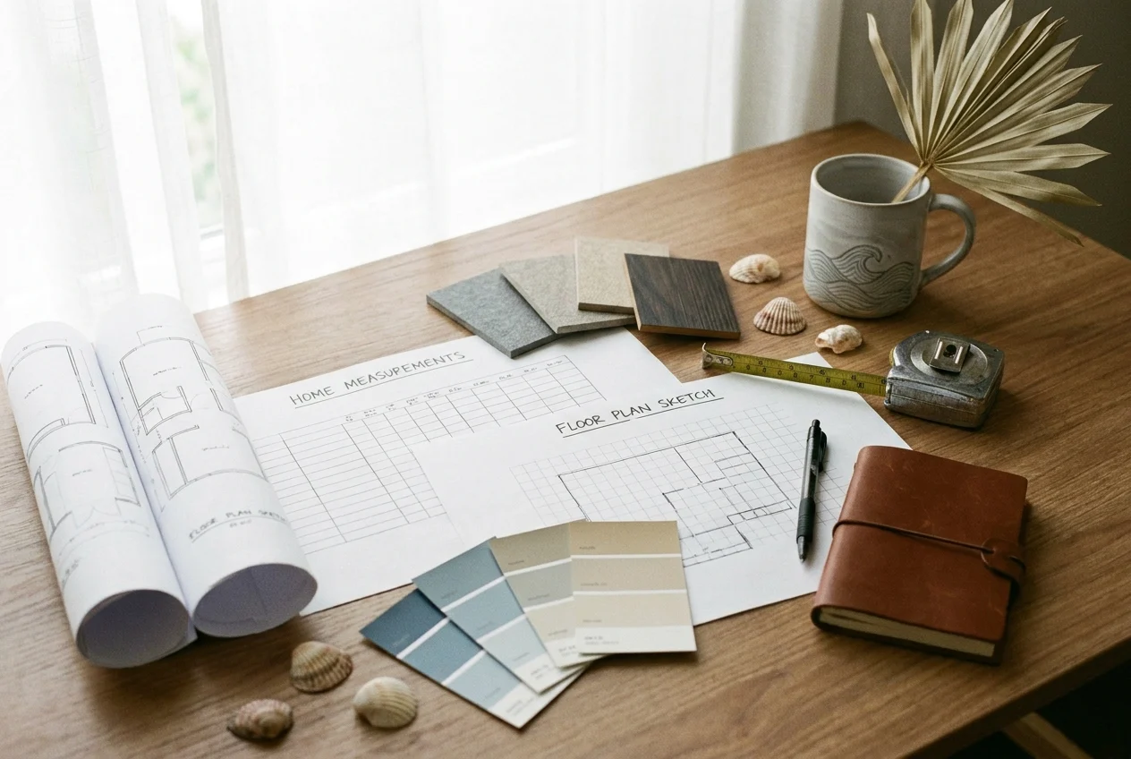 Planning workspace with materials for sliding glass door upgrade in Florida home