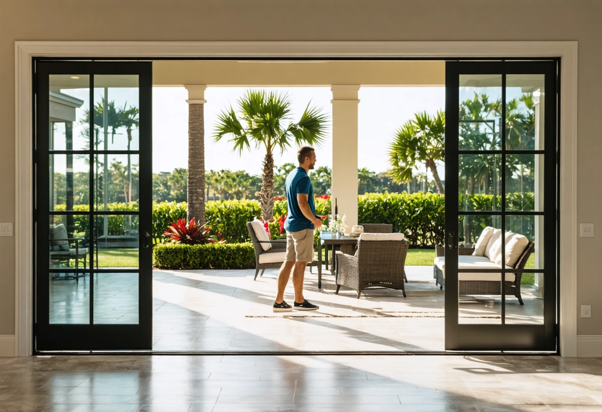 Homeowner and installer discussing sliding glass door upgrade indoors