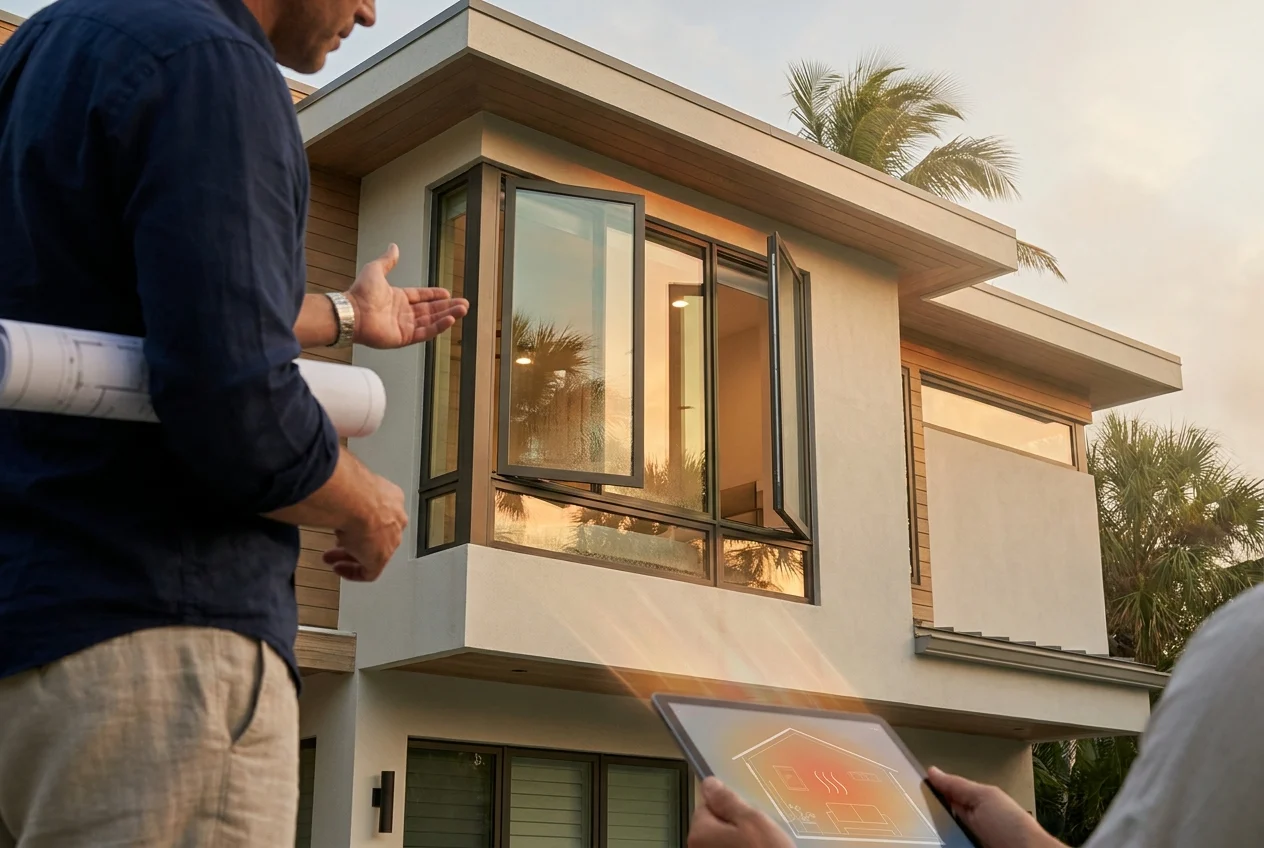 Angled view of coastal home with advanced window technology and designer