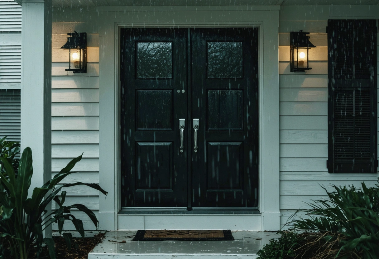 Fortified Florida home entry with impact-resistant door during storm preparation