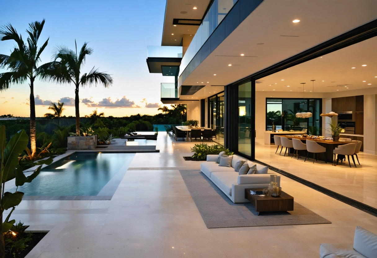 Open sliding glass doors reveal elegant indoor-outdoor setup at coastal home.