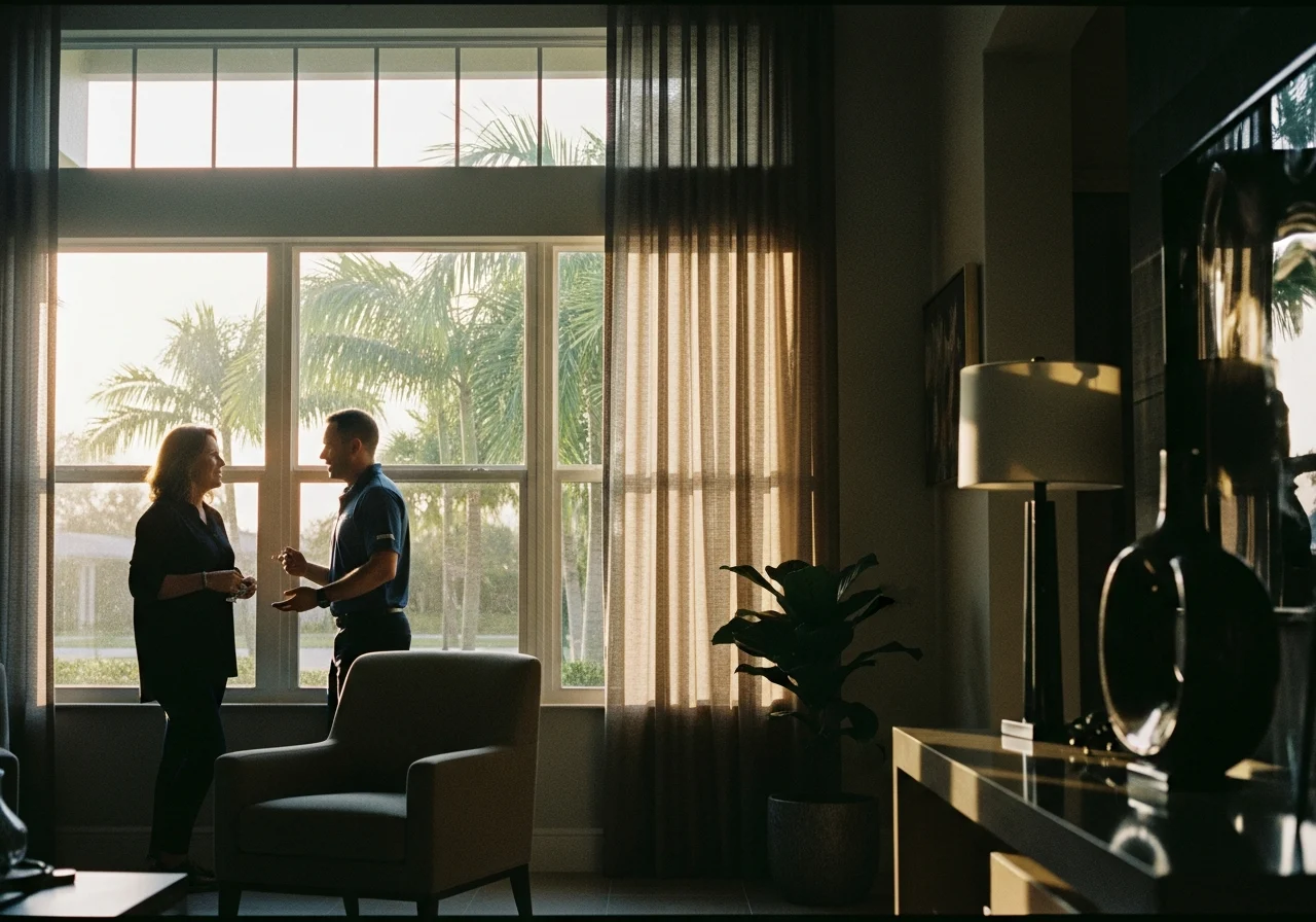 Modern Florida home interior with energy-efficient window framing lush palms.