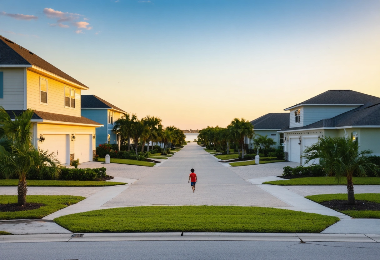 Florida neighborhood with impact-resistant doors at golden hour