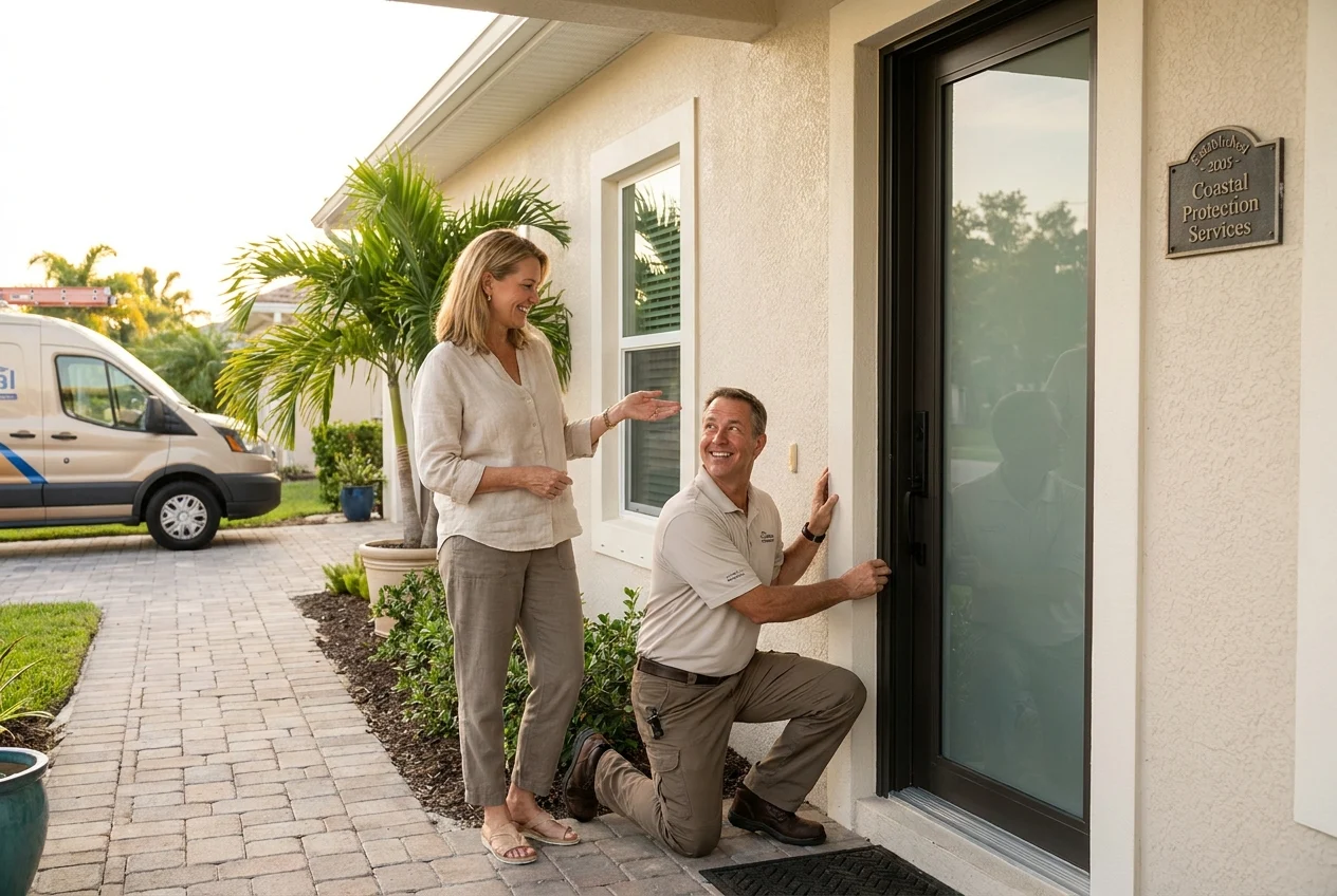 Installer checking impact door and window with satisfied homeowner nearby.