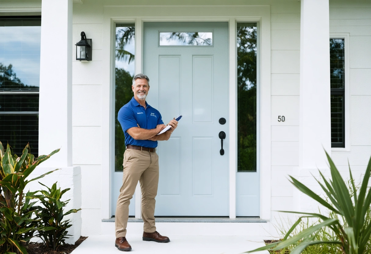 Installer beside impact-resistant door in bright Florida home