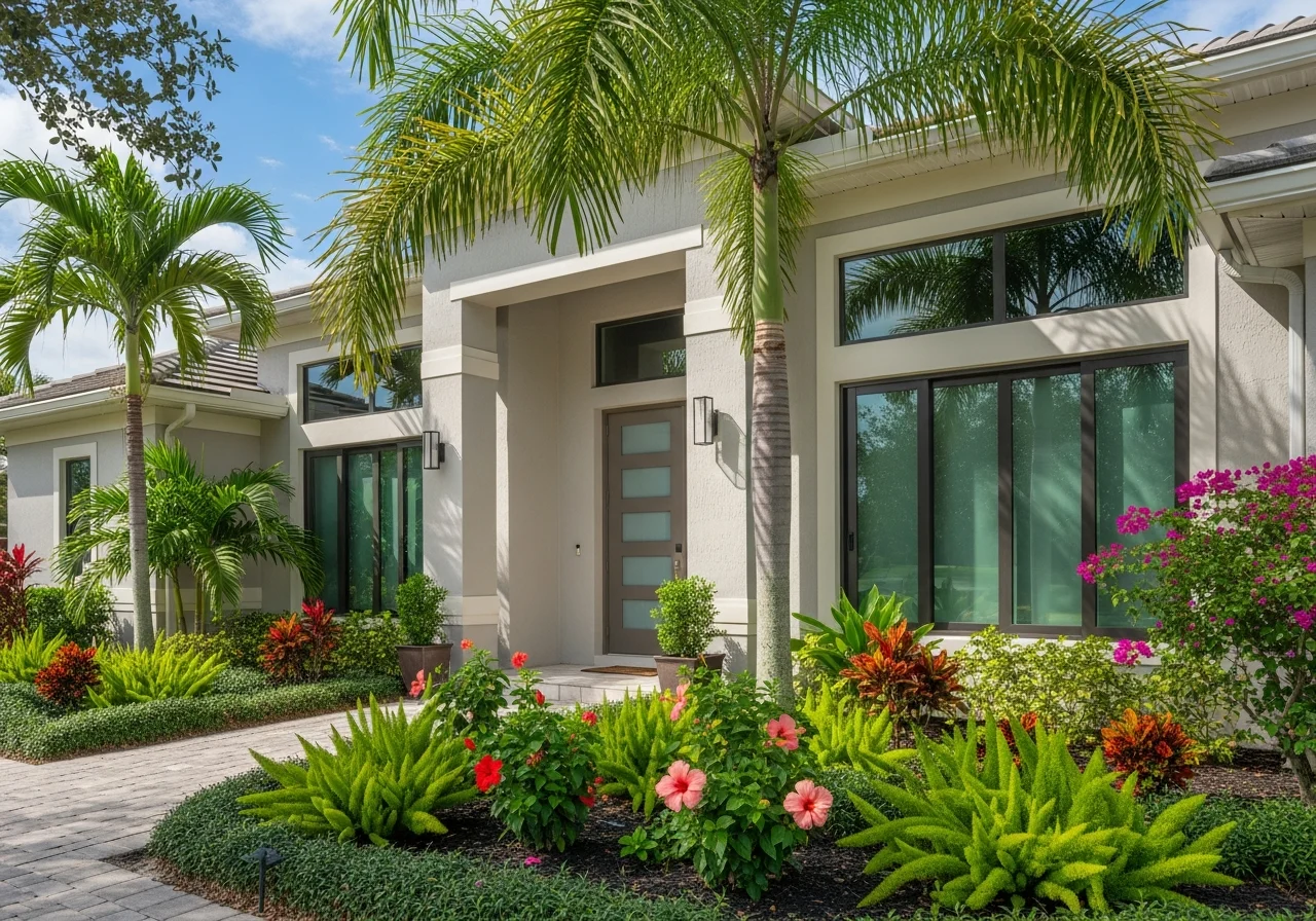  Florida home exterior with energy-efficient windows and tropical landscape.
