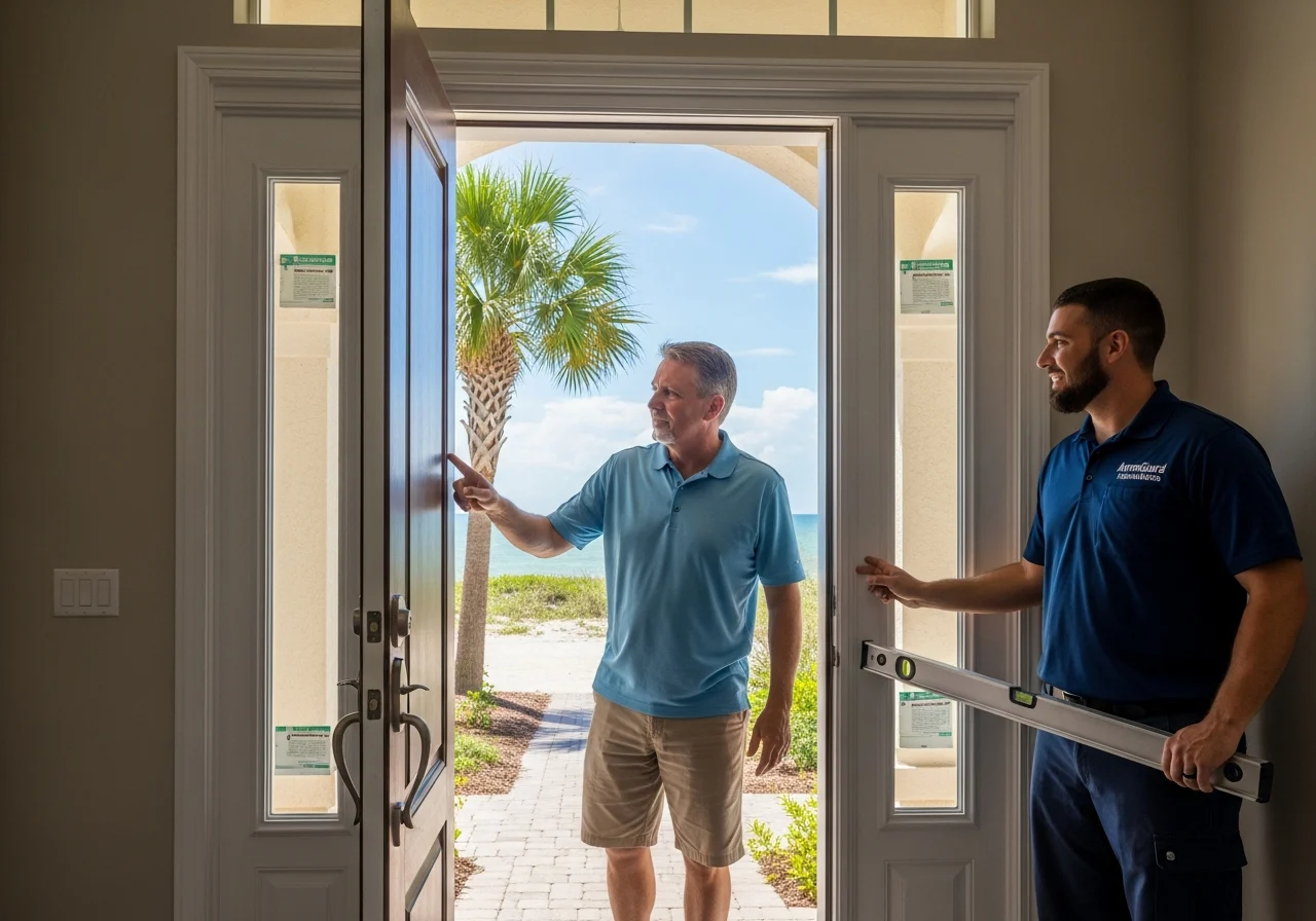 Homeowner and installer at impact-resistant door with coastal view