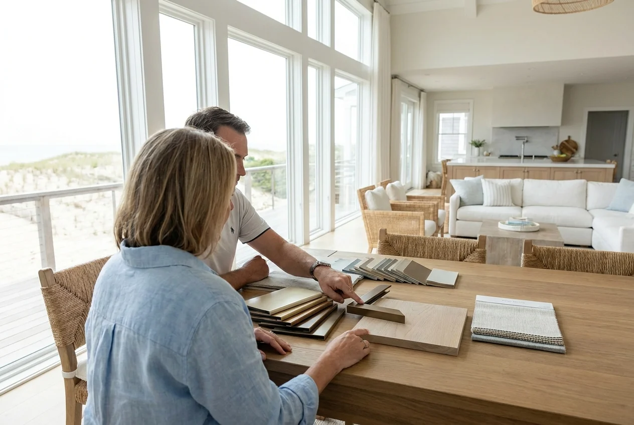 Homeowner and consultant review sliding glass door samples by coastal window.