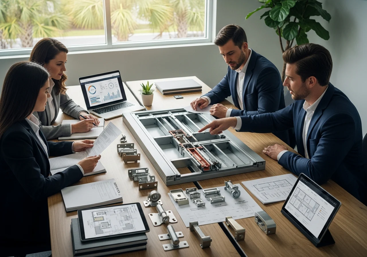 Team evaluating impact-resistant door data in Florida office