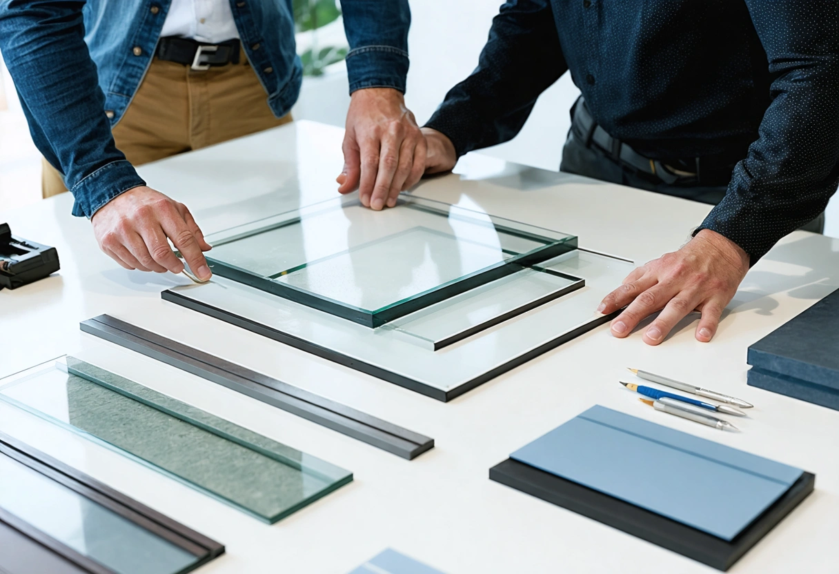 Professionals reviewing window and door materials in a Florida showroom.