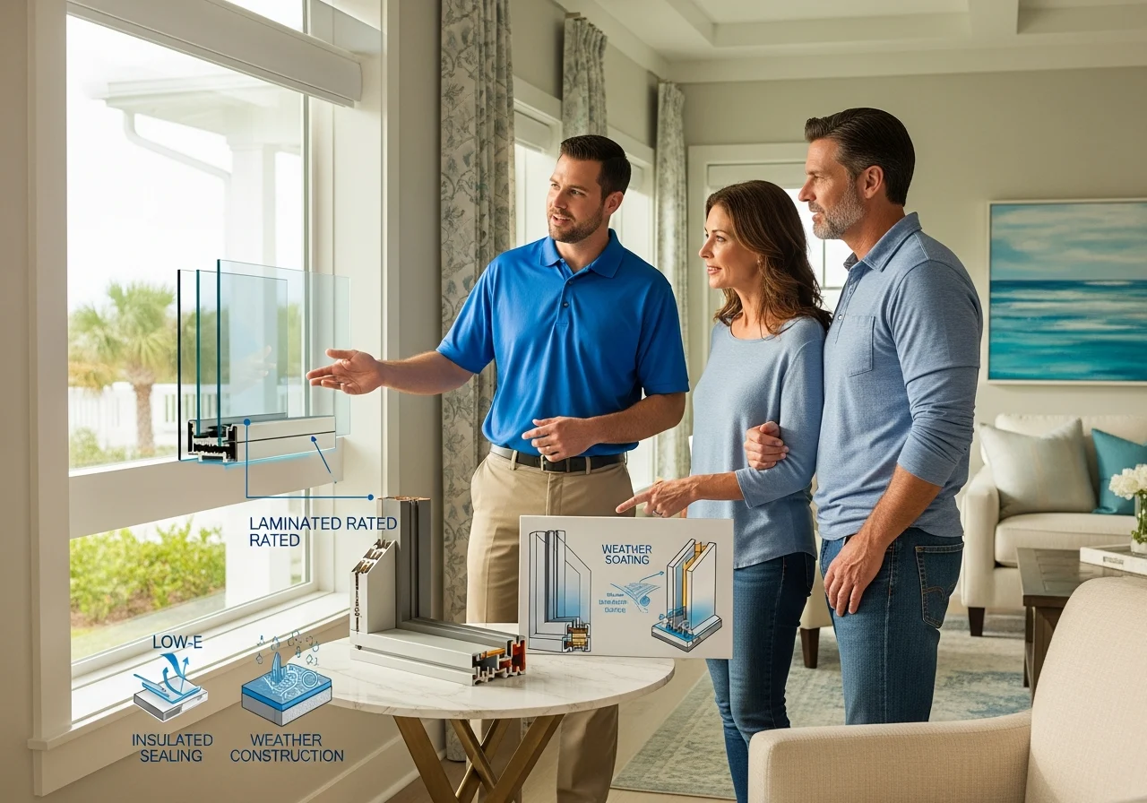 photographic-hero-scene-for-a-florida-6rPdcB Window specialist and homeowners discussing energy-efficient windows in a living room