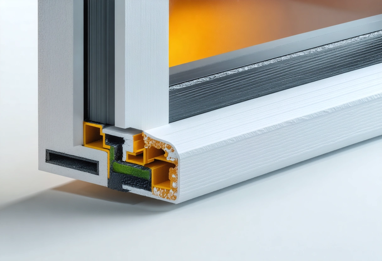 Close-up of energy efficient window corner with insulated frame details