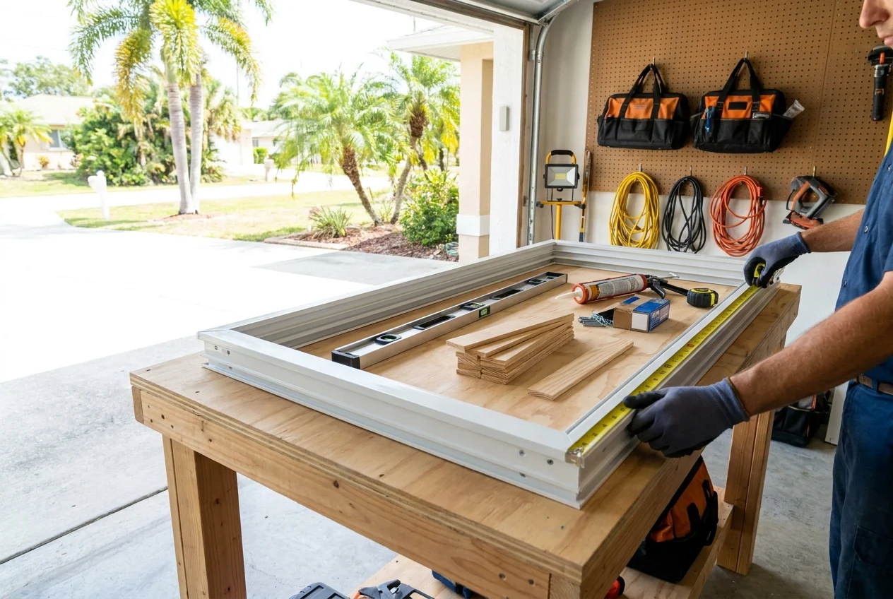 Installer measures sliding door frame in organized Florida workspace.