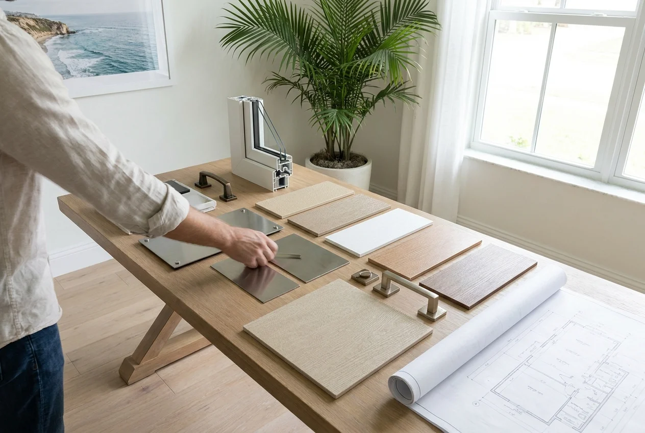 Florida entryway workspace with impact-resistant door material samples