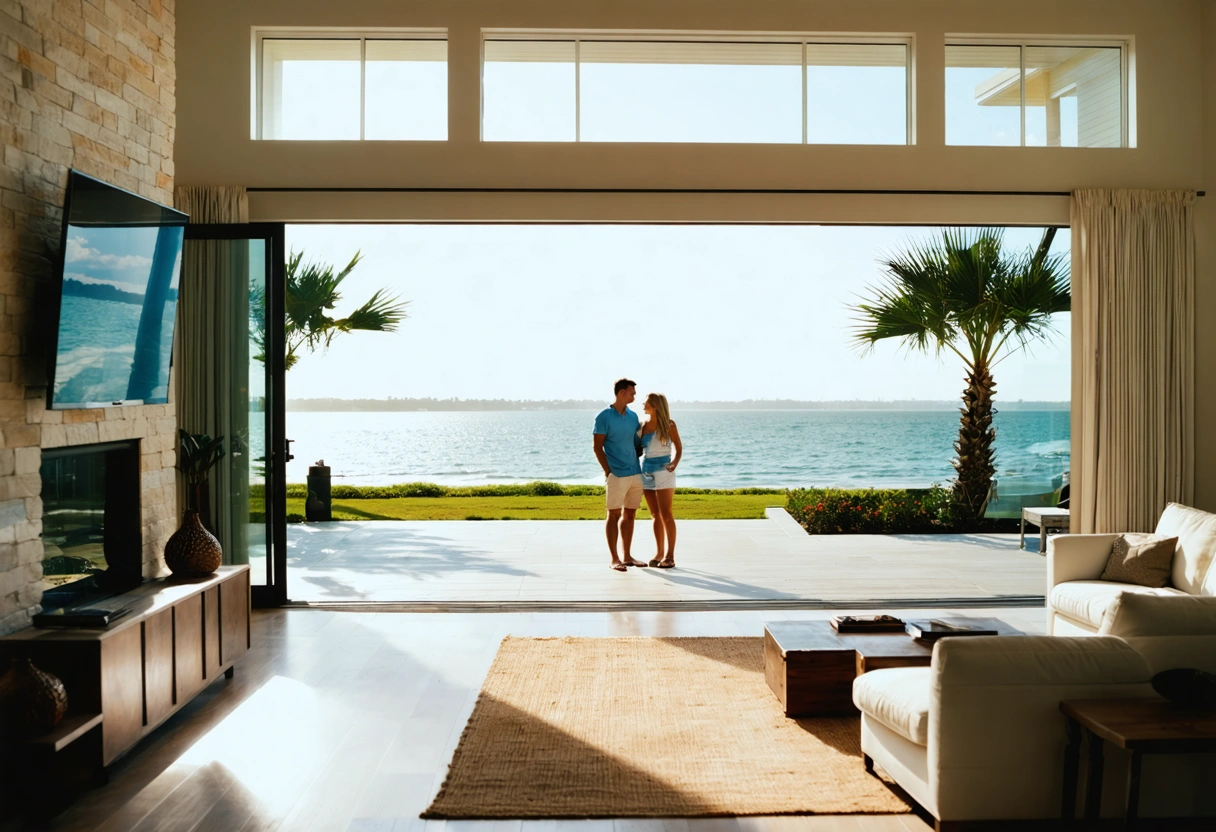 Couple enjoying a coastal view from a bright living room