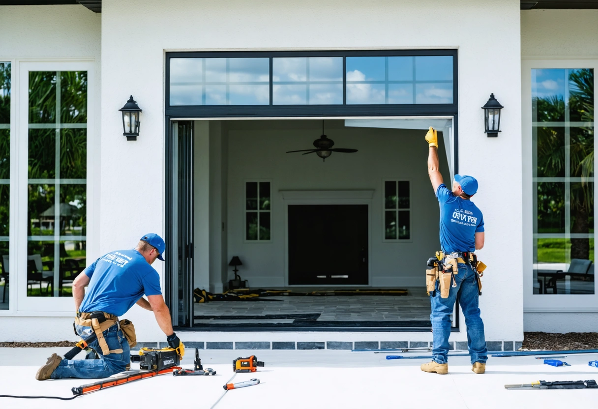 Window and door installation crew working at a coastal home