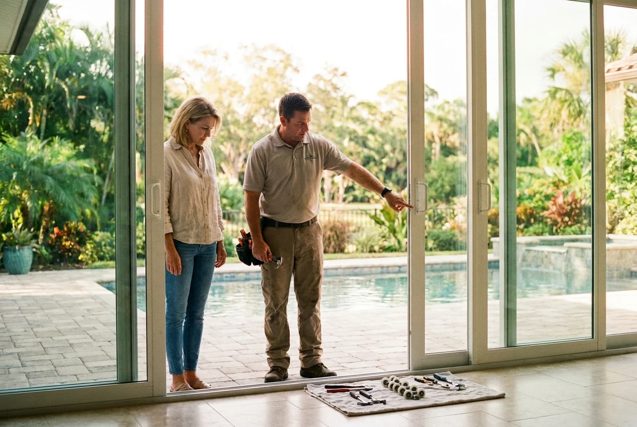 Homeowner and sliding door specialist discussing a sunlit lanai opening