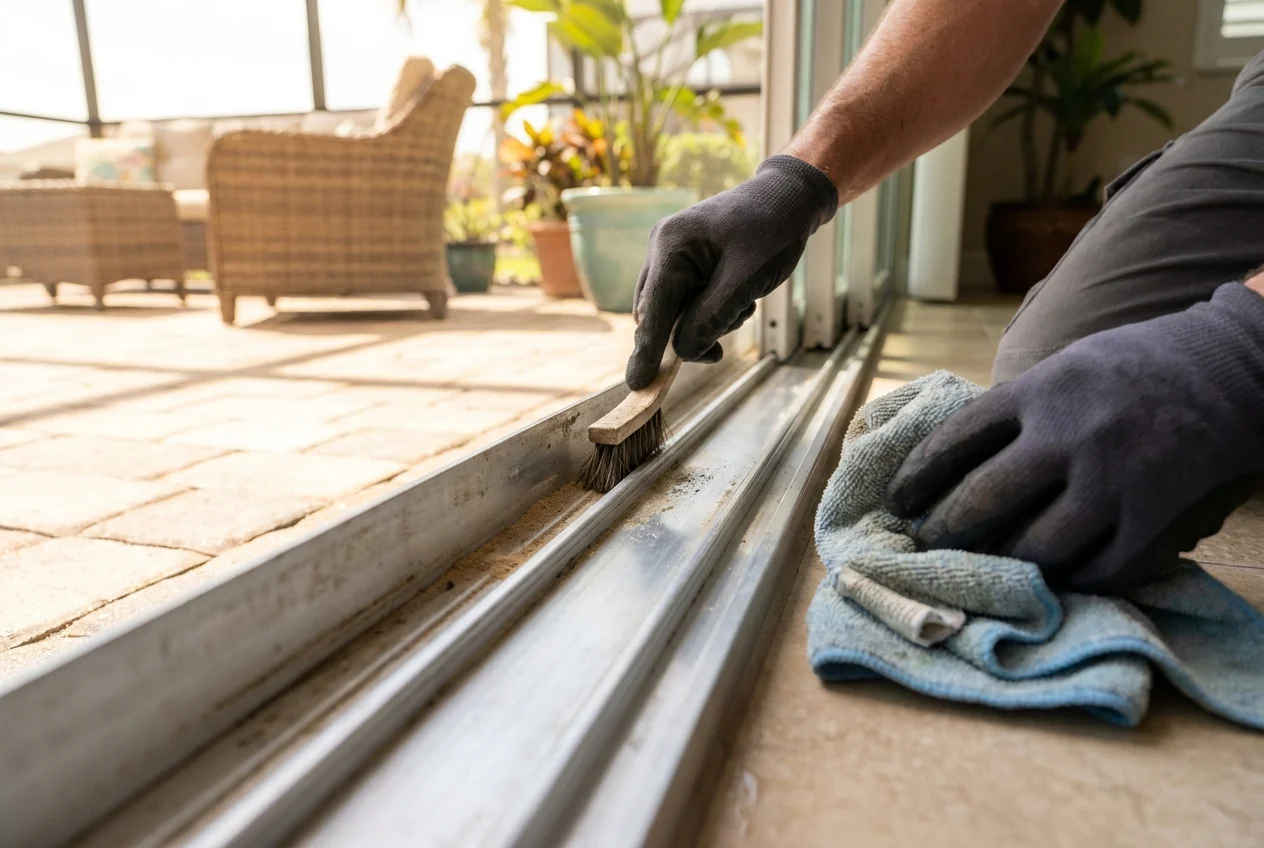 Flat lay of sliding door cleaning tools and debris samples on table