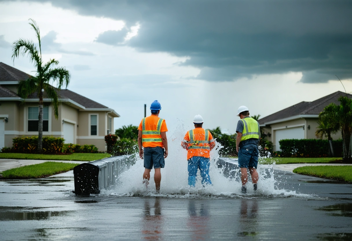 Flood barriers protecting a street during a storm in Florida.
