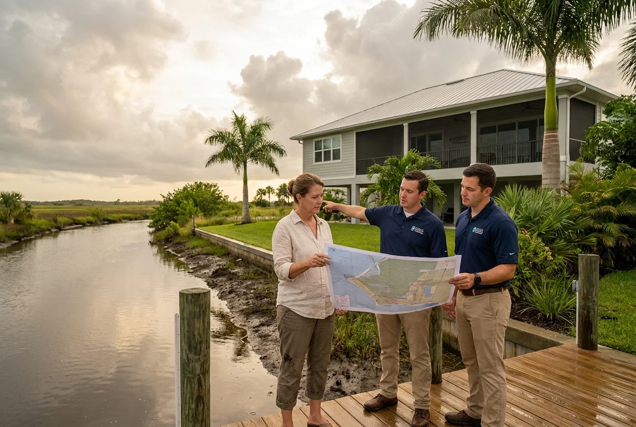 Homeowner and flood expert discuss storm preparedness outside coastal house