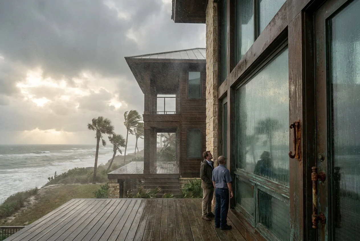cinematic-wide-hero-image-of-a-J94XtU Cinematic wide hero image of a Florida coastal home exterior under harsh marine conditions, salt-laden sea breeze