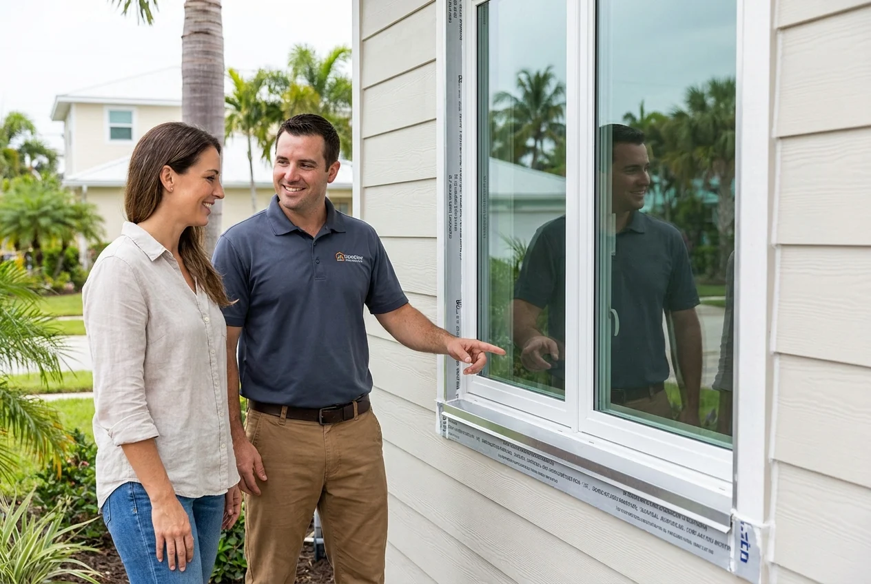 Installer applies layered flashing around a Florida coastal window opening