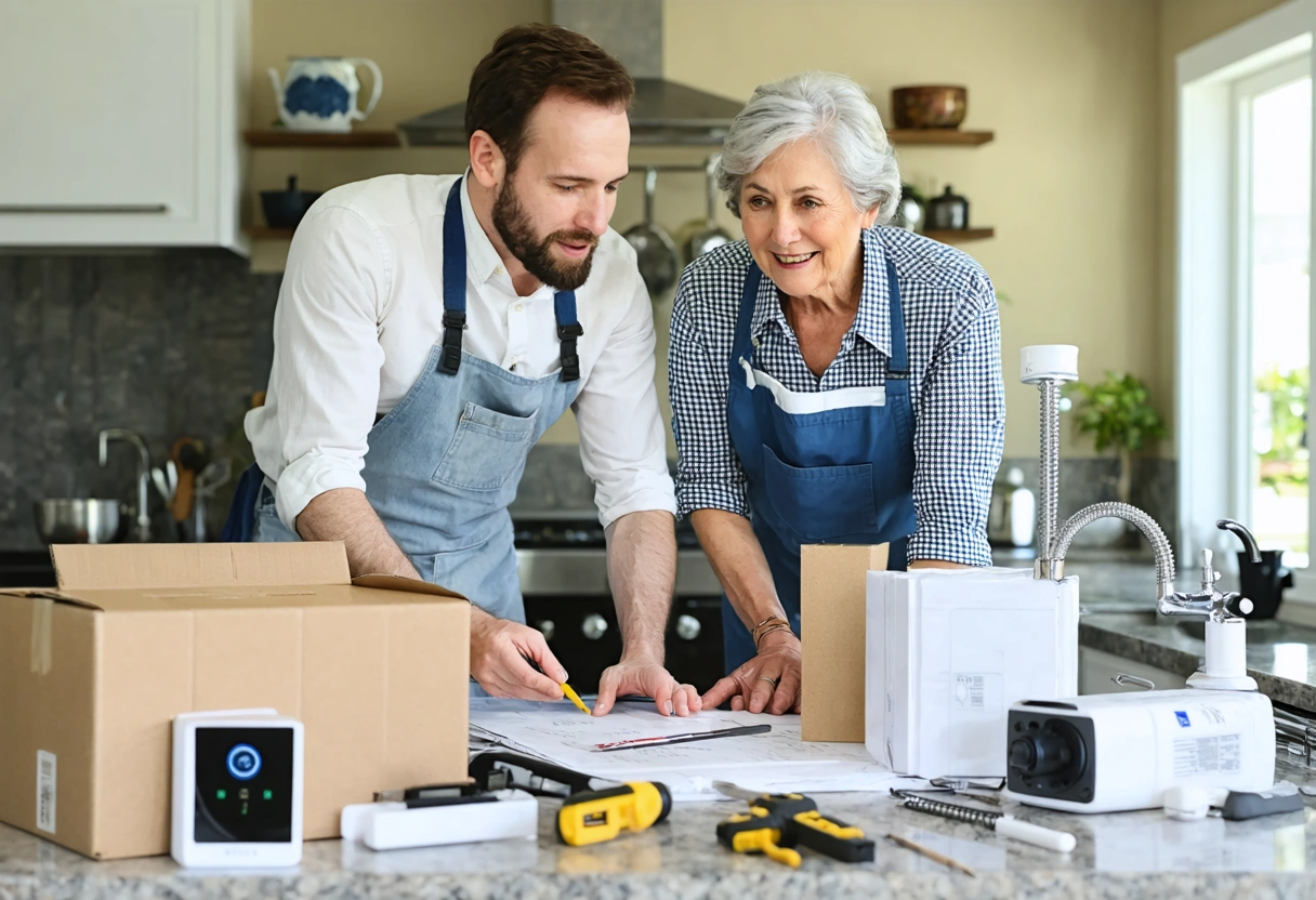 Over-the-shoulder workflow scene inside a Florida homeowner’s garage or utility room, a professional installer and