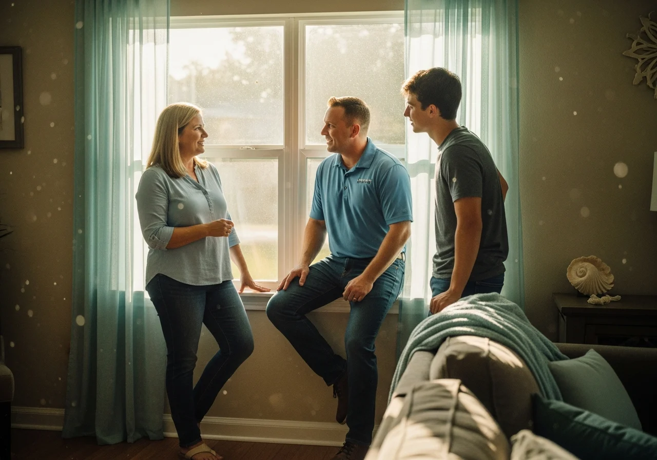 Homeowner and specialists discussing comfort and efficiency beside upgraded window