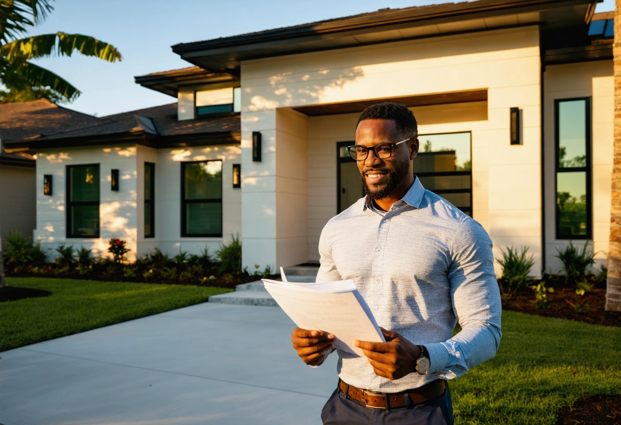 Florida home exterior at golden hour with new impact windows and homeowner
