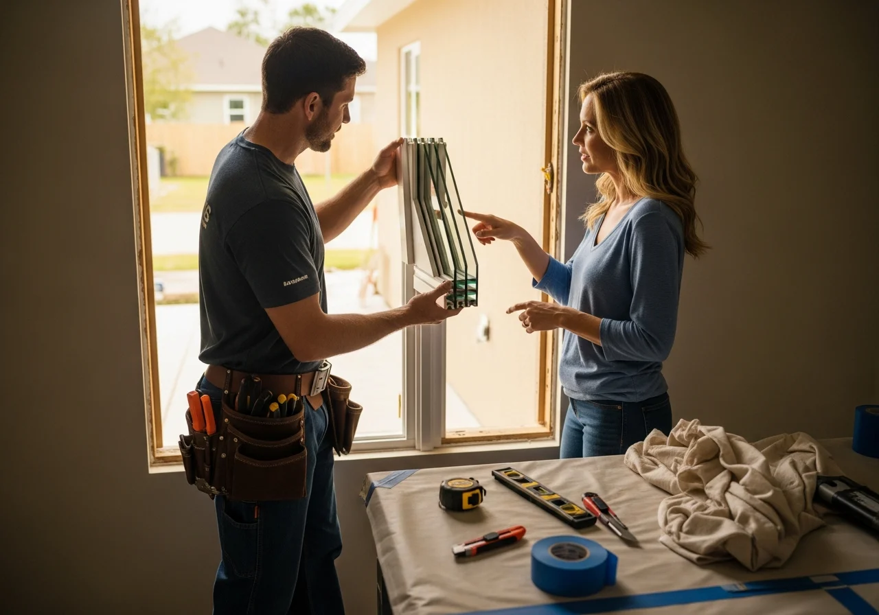 Contractor and homeowner reviewing laminated impact window sample during renovation