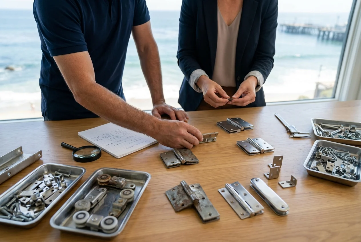 Close-up of coastal window hardware, fasteners, and frame junctions