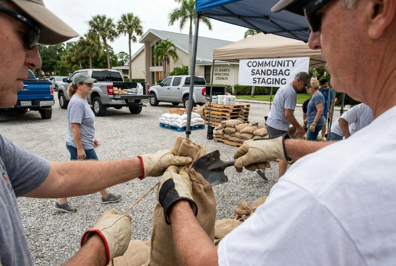 Community members filling sandbags in a parking lot before a storm.