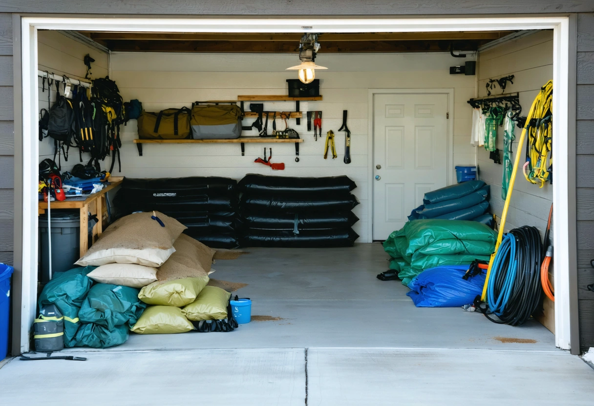 Temporary flood barriers and sandbags organized in a Florida garage.
