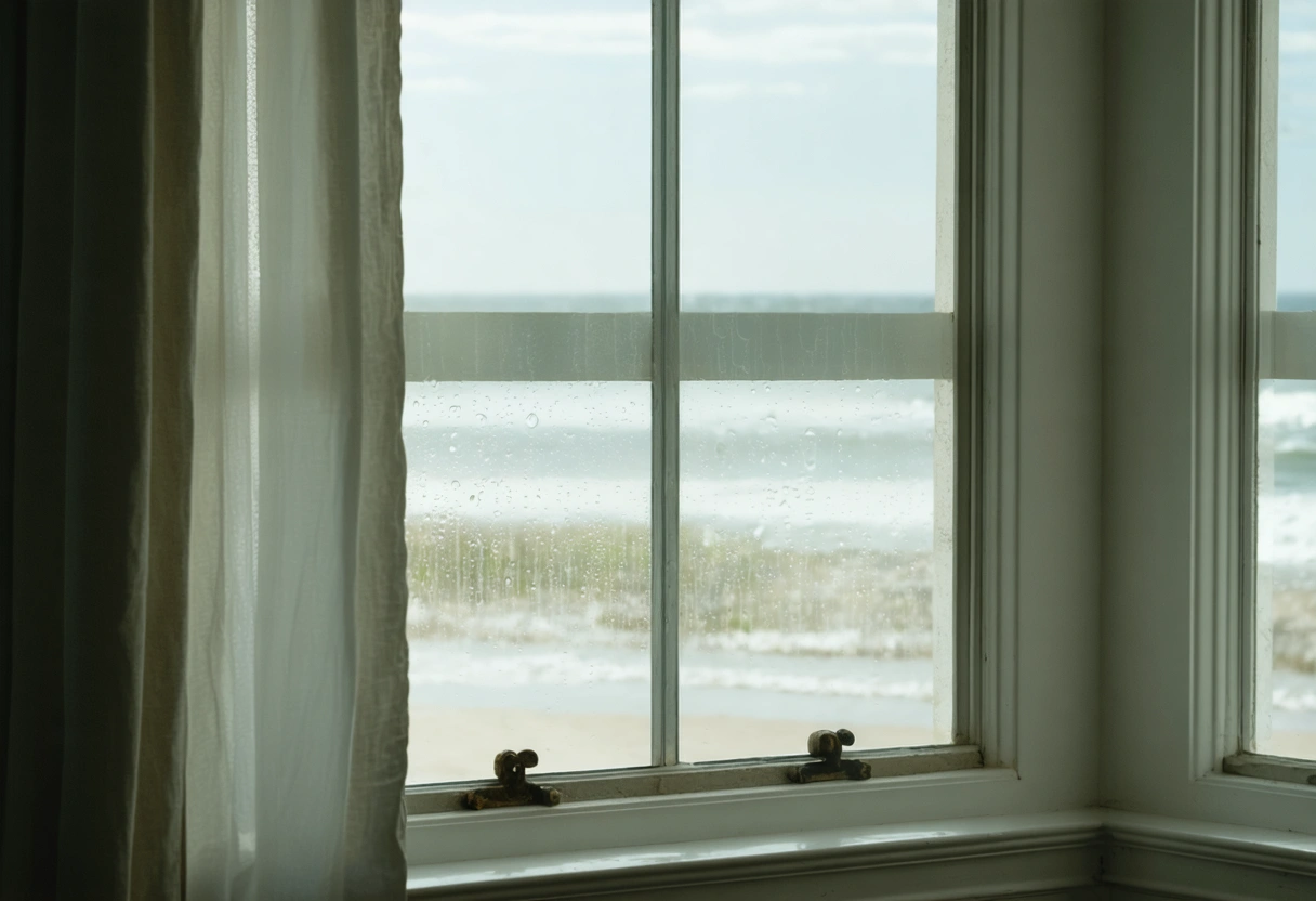 Top-down planning workspace with window sealing materials and moisture notes