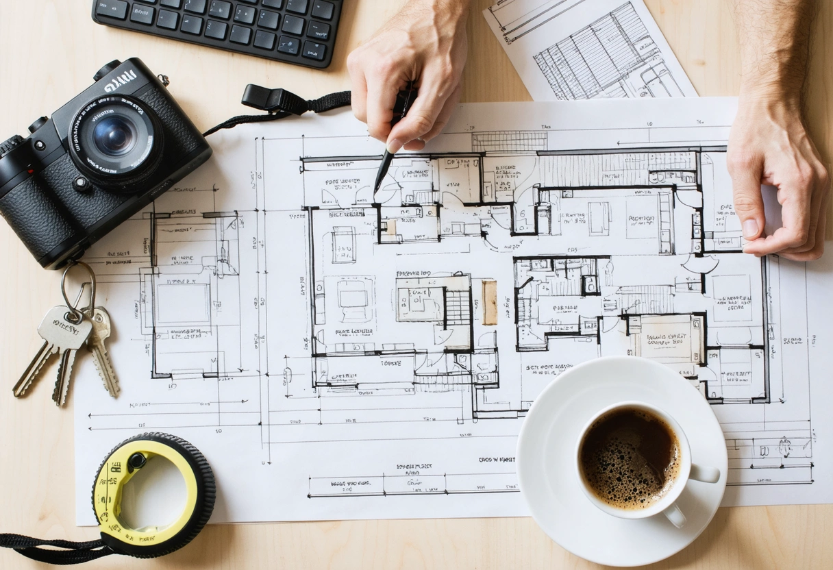 Florida homeowner storm-prep workspace with notes, checklist, sample window, and coffee