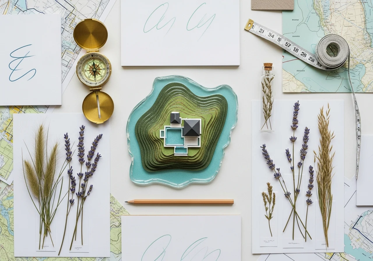 Flat-lay of flood planning tools and maps on a workspace.