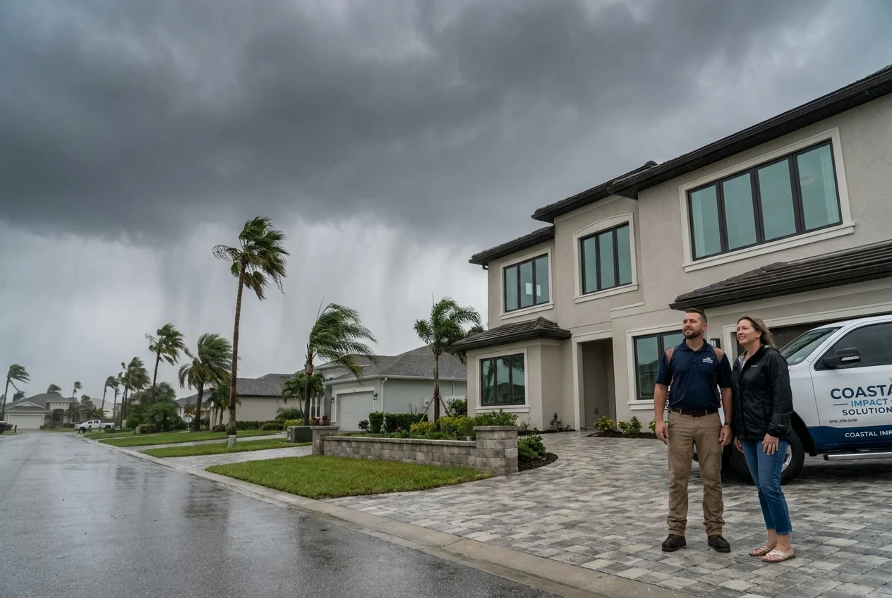 Installer and homeowner beside storm-ready coastal home