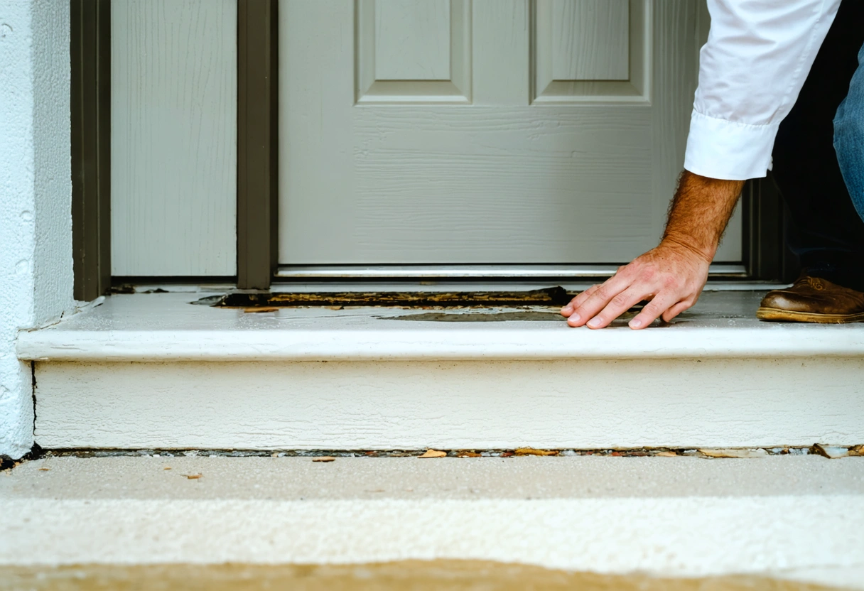 Homeowner and installer beside a properly sealed coastal entry door after storm