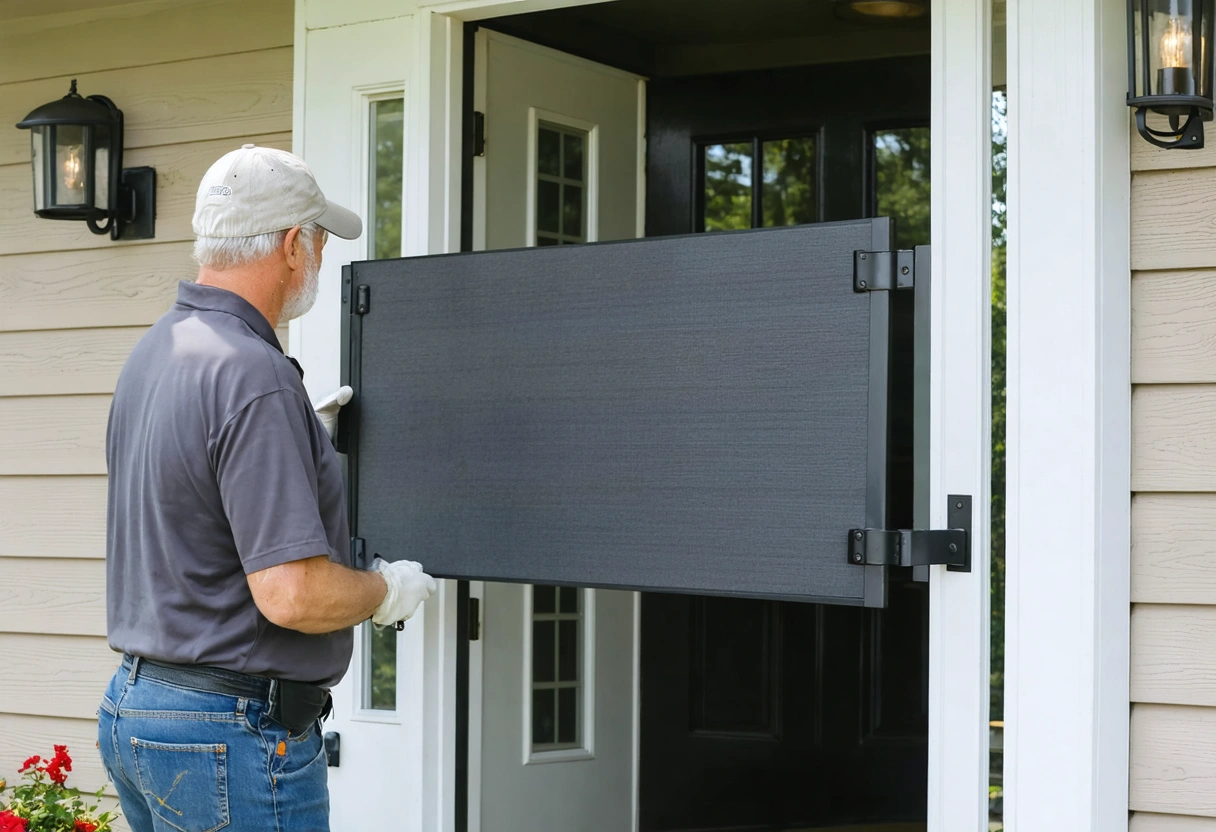 Homeowner and installer inspecting secure flood barrier hardware at an entryway