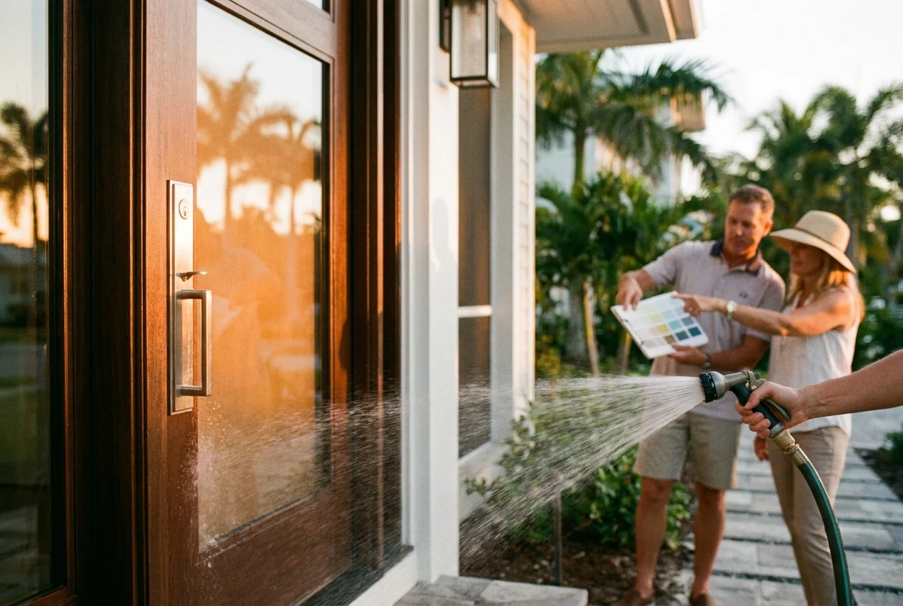 Homeowner and installer discussing aluminum door finish at coastal entry